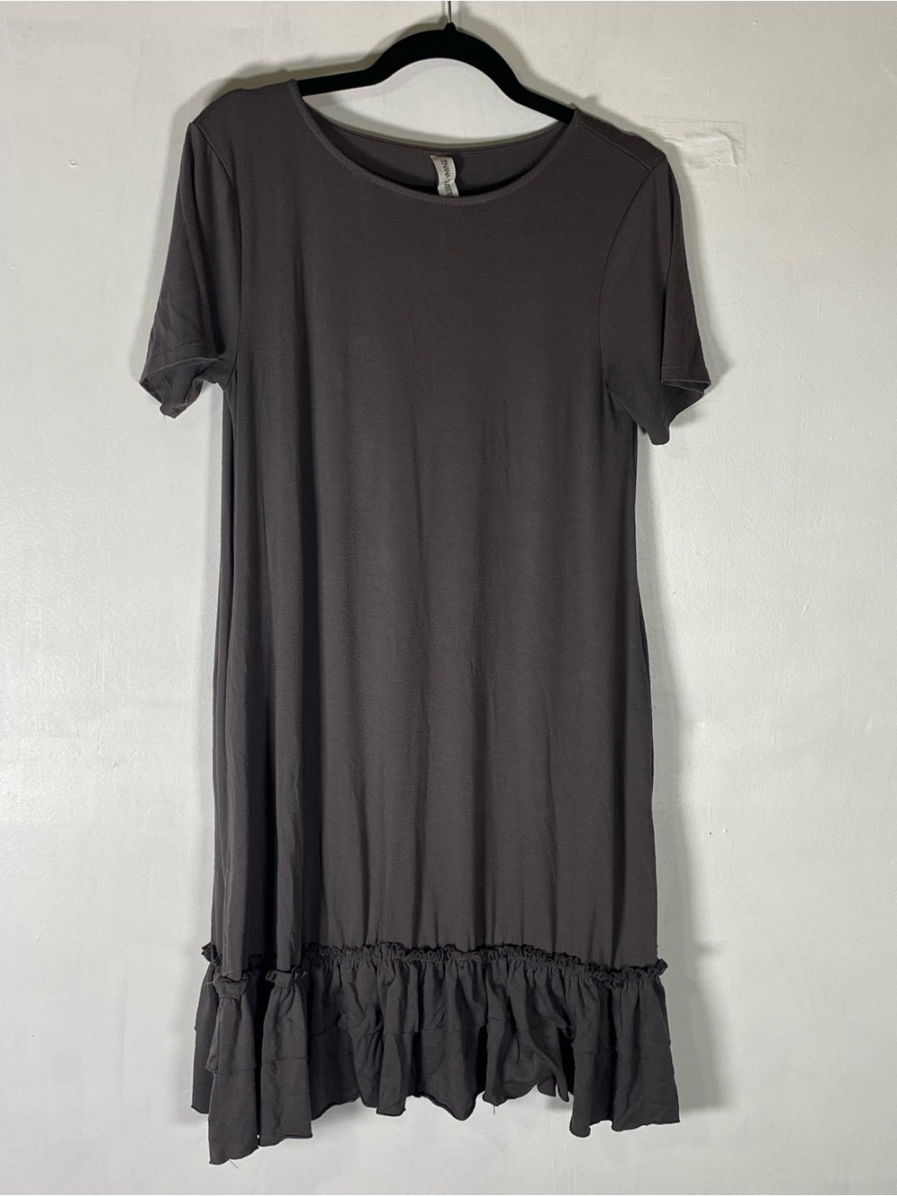 Gray Jersey Knit Ruffle Hem Dress Pockets Casual Minimalist Medium Modest